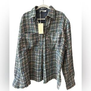 mnml Multicolor Blue Tweed Jacket Sz M NWT Fringe Textured Fall